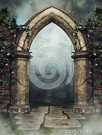 Garden arch with blooming flowers Stock Photo