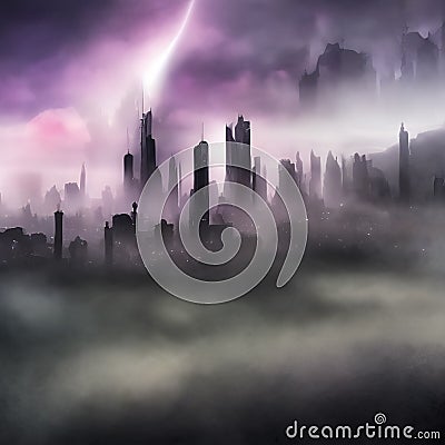 Abstract fictional scary dark wasteland city background purple mist and clouds Stock Photo