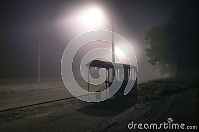 Foggy street lights misty with night deserted road Vector Illustration