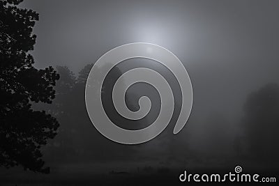 Foggy sunrise morning in the mountains in black and white Stock Photo