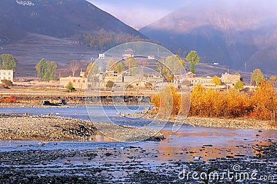 A foggy valley with a river Stock Photo