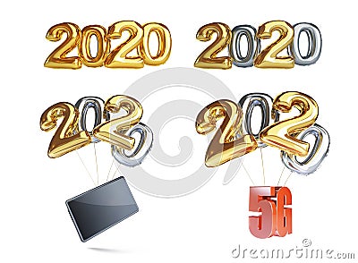 Foil balloon, gift smartphone in the New Year 2020 on a white ba Cartoon Illustration