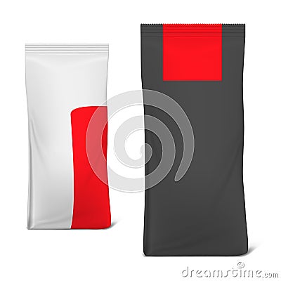 Foil of plastic sealed gusseted bag, vector template. Coffee or tea packaging flat bottom pouch, mockup Vector Illustration