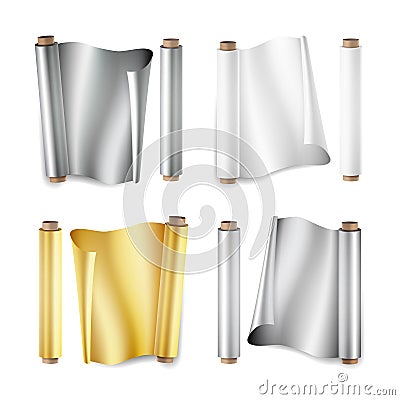 Foil Roll Set Vector. Aluminium, Metal, Gold, Baking Paper. Close Up Top View. Opened And Closed. Realistic Illustration Vector Illustration