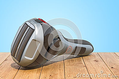Foil-type cordless razor, shaver on the wooden planks, 3D rendering Stock Photo