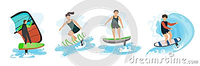 Foilboard rider set. Young people surfing efoil boards. Vector Illustration