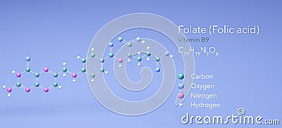 folate, folic acid, vitamin b9, molecular structures, 3d model, Structural Chemical Formula and Atoms with Color Coding Stock Photo