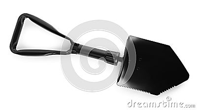 Foldable sapper shovel isolated on white, top view. Military training equipment Stock Photo