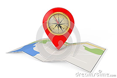 Folded Abstract Navigation Map with Target Pin and Compass. 3d R Stock Photo