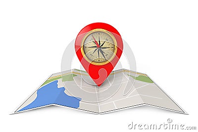 Folded Abstract Navigation Map with Target Pin and Compass. 3d R Stock Photo