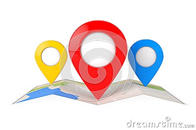 Folded Abstract Navigation Map with Three Target Map Pointer Pins. 3d Rendering Stock Photo