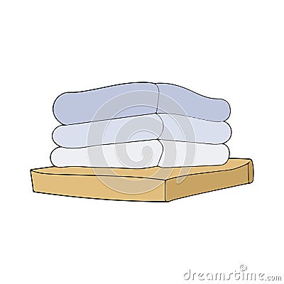 Folded bath towels on a wooden shelf. Vector Illustration