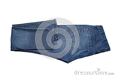 Folded blue mens denim jeans trousers isolated on white background Stock Photo