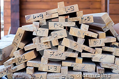 Folded boards vertical row pattern design sawmill material procurement drying, end boards pattern close-up Stock Photo