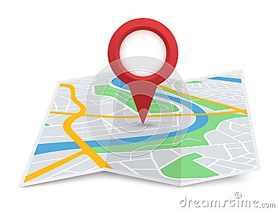 Folded city map with destination pointer, gps navigation. Red location pin marker on 3d paper street maps. Tourist place Vector Illustration