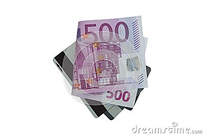 Folded five hundred 500 Euro banknote money bill on credit cards Stock Photo