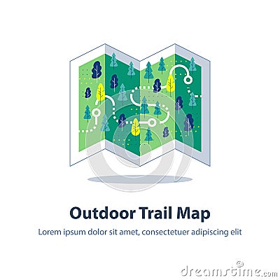 Folded hiking map, forest trail, orienteering game, landscape with hills and trees, ecological footpath Vector Illustration