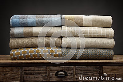 8 folded luxury throws shot on a wooden sideboard, with a grey background Stock Photo