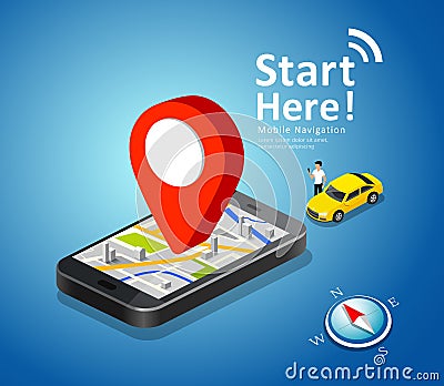 Folded maps, car navigation on mobile phone vector, with red color point markers Vector Illustration
