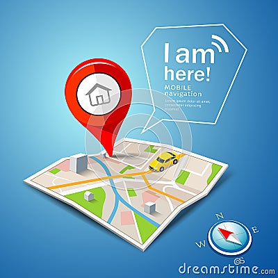 Folded maps navigation, with red color point markers, i am here message design Vector Illustration