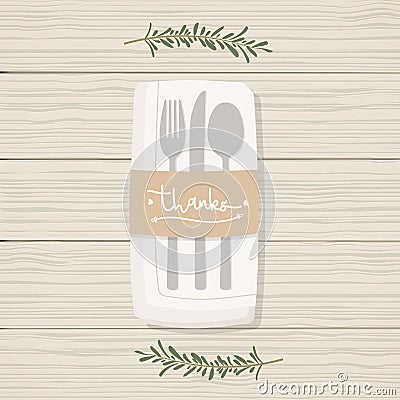 Folded napkin with twigs, cutlery and brown paper with the lettering word Vector Illustration