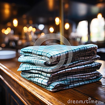 Folded napkins on a bar table in teal and brown Stock Photo