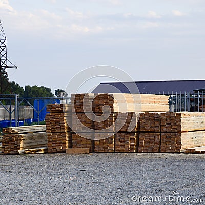 Folded new board at the construction base Timber. Board of pine Stock Photo