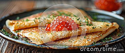 Folded pancakes with red caviar on the plate. Wooden table. Horizontal banner 7:3 Stock Photo