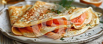 Folded pancakes with smoked salmon on the plate. Horizontal banner 7:3 Stock Photo