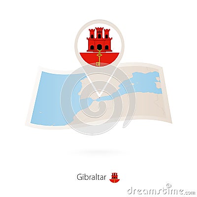 Folded paper map of Gibraltar with flag pin of Gibraltar Vector Illustration