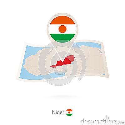 Folded paper map of Niger with flag pin of Niger Vector Illustration