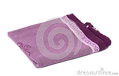 Folded purple linen towel on white background, top view Stock Photo