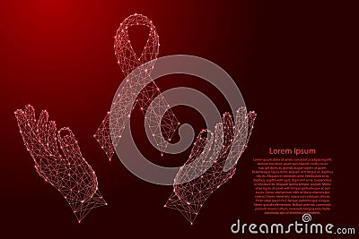 Folded ribbon - symbol fight against AIDS and two holding, protecting hands from futuristic polygonal red lines and glowing stars Cartoon Illustration