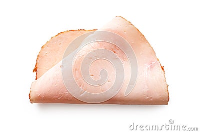 A folded single slice of chicken ham isolated on white. Top view Stock Photo