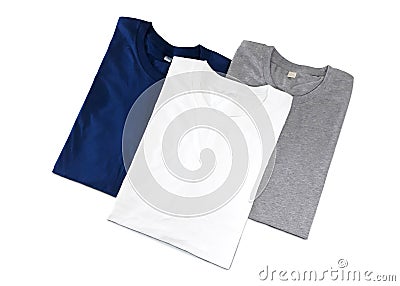 Folded t-shirts isolated on white background - Clipping path Stock Photo
