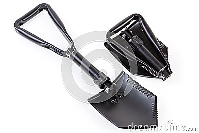 Folded and unfolded modern steel entrenching tools on white background Stock Photo