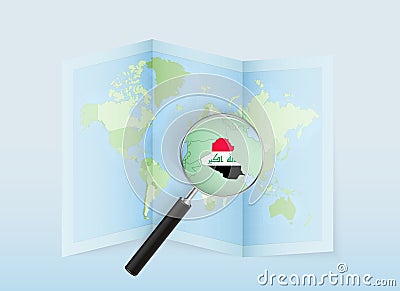 A folded world map with a magnifying lens pointing towards Iraq. Map and flag of Italy in loupe Vector Illustration