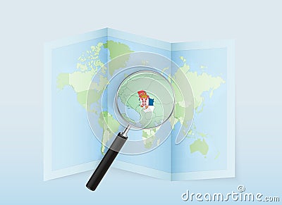 A folded world map with a magnifying lens pointing towards Serbia. Map and flag of Italy in loupe Vector Illustration