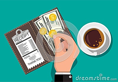 Folder with cash coins, cashier check. Coffee cup Vector Illustration