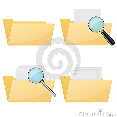 Folder icons. Empty and full. With magnifying glass Vector Illustration