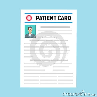 Folder with patient card and doctors hand with magnifying glass. medical report. analysis or prescription concept. Cartoon Illustration