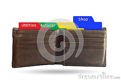 The folder shopping concept on brown wallet isolated white backg Stock Photo