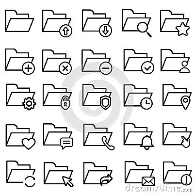 Folders flat line icons set. File catalog, document search, folder synchronization, local network vector illustrations. Outline mi Vector Illustration