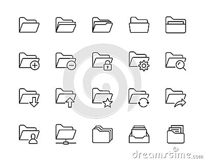 Folders flat line icons set. File catalog, document search, folder synchronization, local network vector illustrations Vector Illustration
