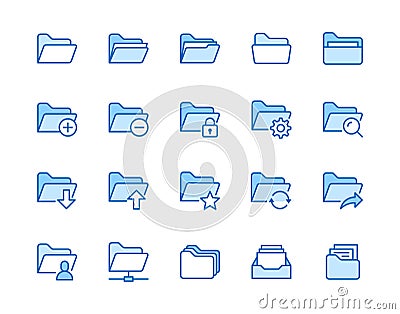 Folders flat line icons set. File catalog, document search, folder synchronization, local network vector illustrations Vector Illustration