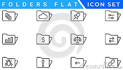 Folders flat line icons set. File catalog, document search, folder synchronization, local network vector illustrations. Outline Vector Illustration