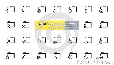 Folders icon. Vector set of 25 icons with editable stroke. Archive folder with download, time, percent, portfolio, character, Vector Illustration