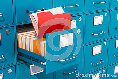 Folders inside filing cabinet, archive room. 3D rendering Stock Photo