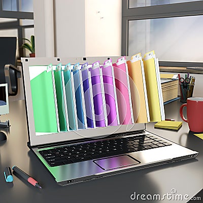 Folders popping out from a computer Stock Photo