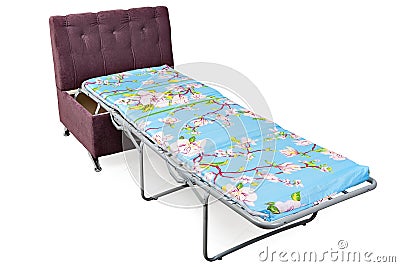 Folding bed chair upholstered light purple fabric, Stock Photo